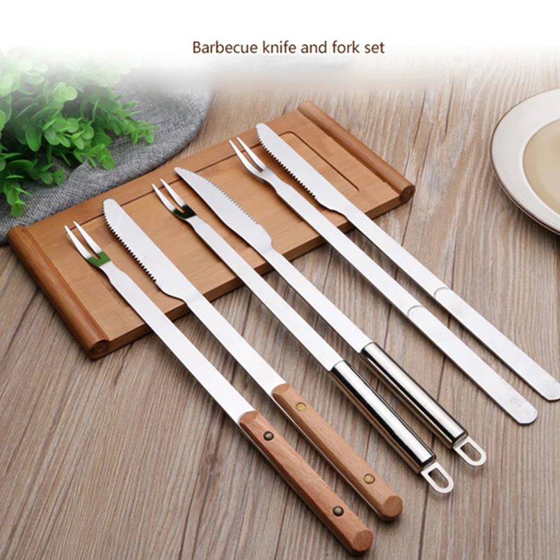2Pc/set Stainless Steel Barbecue Fork And Knife Cutlery Wooden Handle