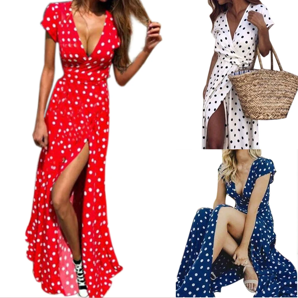 

2019 Women Boho Style Dot Summer Beach Long Dress Evening Party Sexy V-Neck High Waist Split A Line Maxi Dress Vestidos Ladies