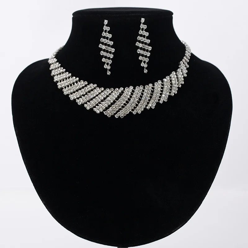 

New Silver Plated Jewelry Austrian Crystal Set Statement Necklace Earring Sets Luxury Wedding Jewelry N181