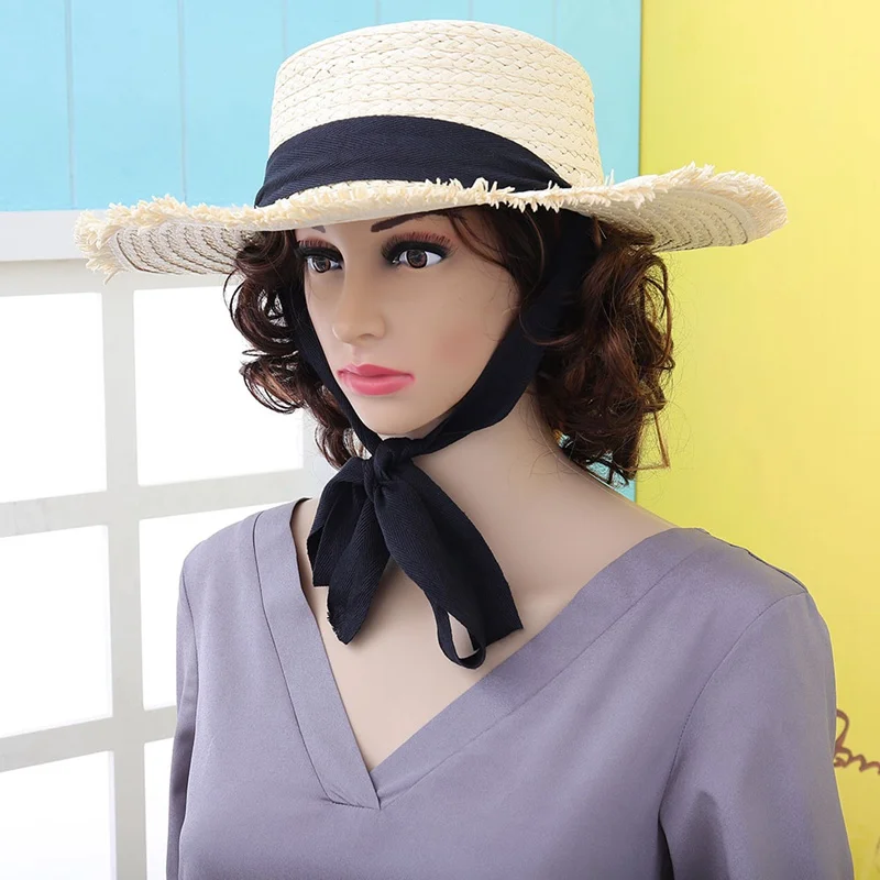 Handmade Weave Sun Hats For Women Black Ribbon Lace Up Large Brim Straw