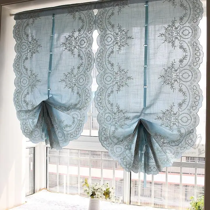 

Window roman curtains Embroidered floral cotton Curtains for Kitchen Living Room and Bedroom Blue color balloon curtains