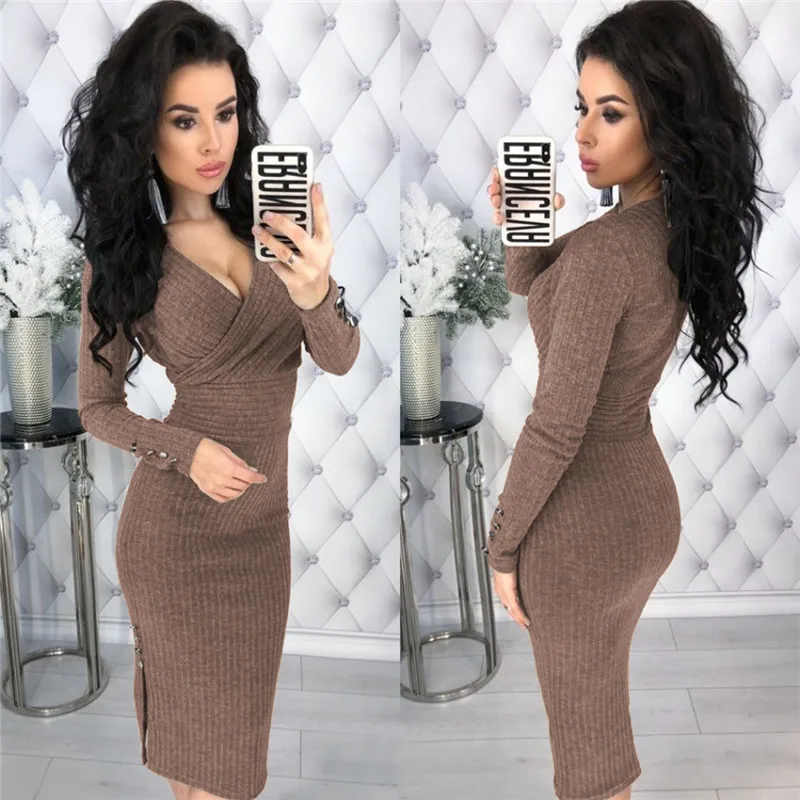 Vestidos De Fiesta Sexy V-Neck Bodycon Party Women Dress 2018 Long Sleeve Autumn Sweater Dresses Button Elegant Robe Femme