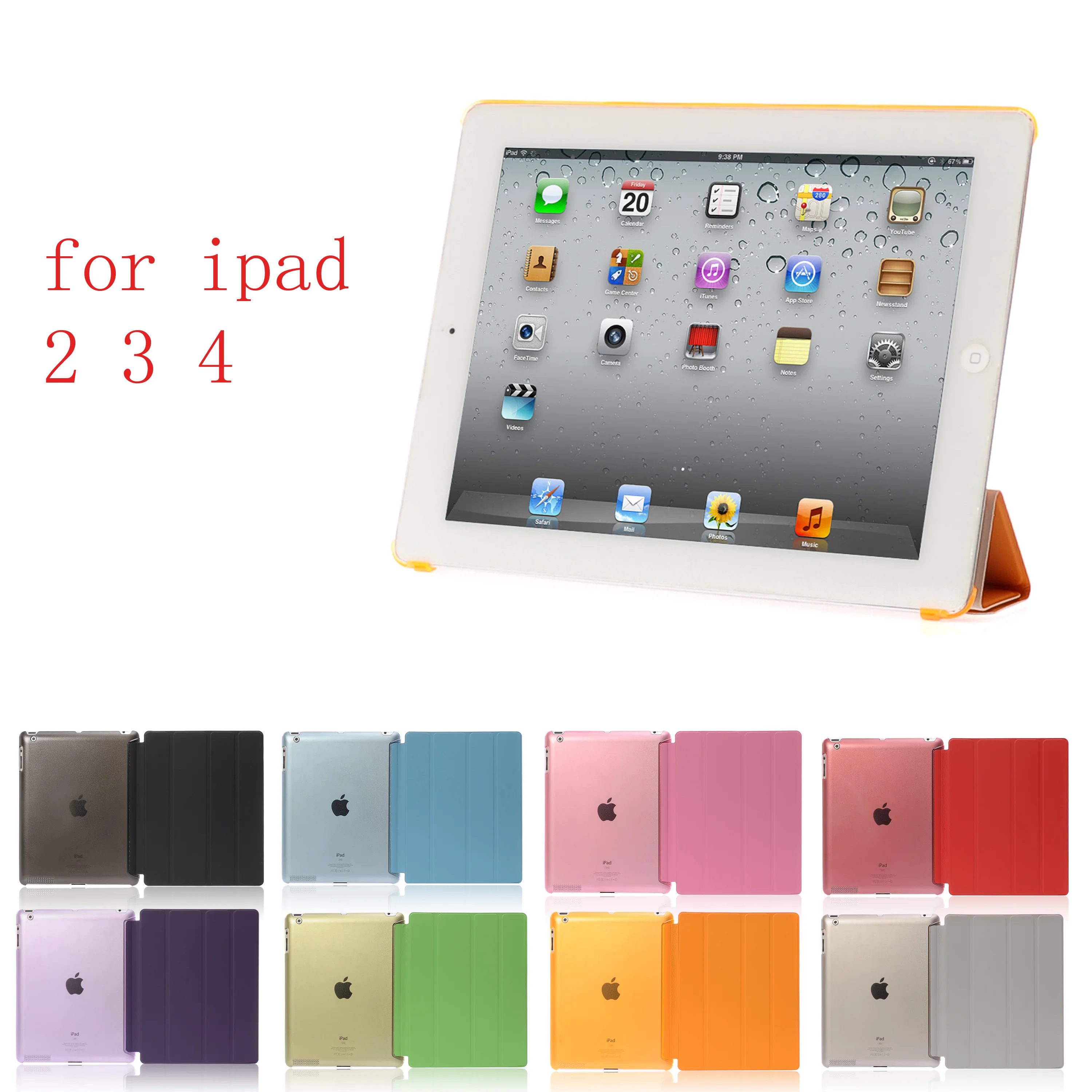 

New PC Leather Case for Apple iPad 2 3 4Fashion Smart Cover + PC translucent back Cover for Apple iPad 2 3 4