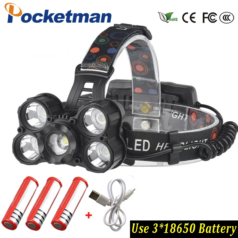 

Super bright 30000LM 5*T6 Leds Flashlight Waterproof LED Headlamp ZOOM Headlight for Fishing Hunting Light With 3*18650 battery