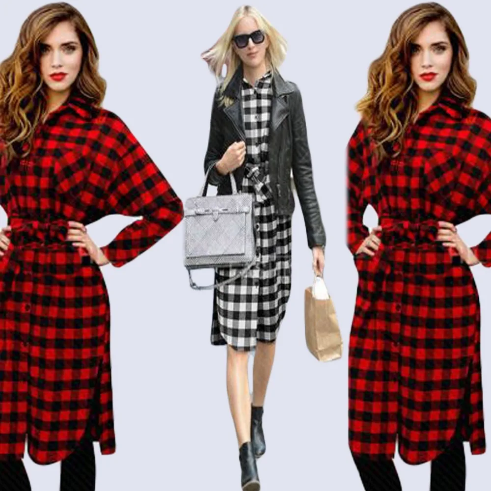 Winter Red/White Women Dress Long Sleeve T Shirt Dress Plaid Check
