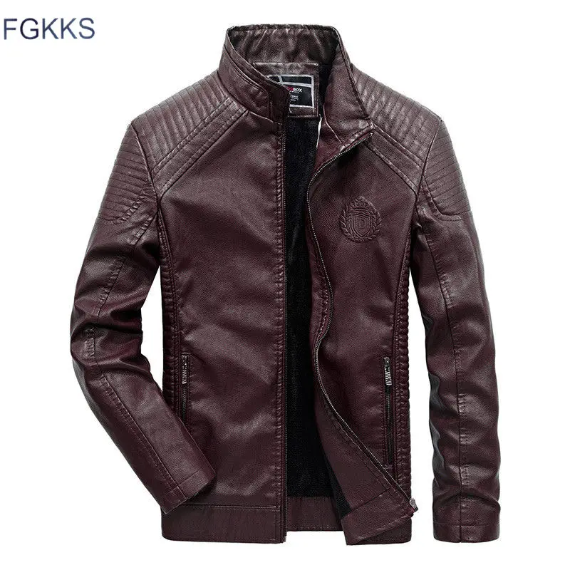 

FGKKS Brand Warm Winter Leather Jacket Men With Washed Leather Motorcycle Style Standing Collar Men's Jackets Windproof Jacket