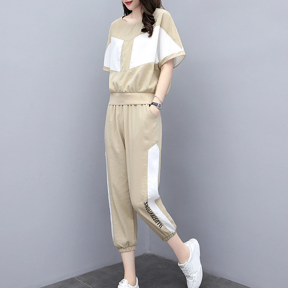 

Cotton Linen Suits 2 Piece Set Women Outfit Tracksuit Sportswear Plus Size Large Top and Pant 2019 Summer Vintage Khaki Clothing
