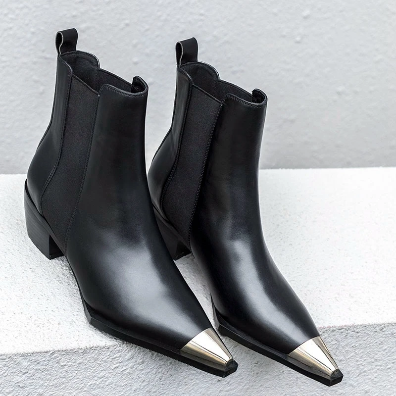 Najtaniej 2019 wiosna jesień klasyczny Design czarny biały skórzany szpiczasty nosek kwadratowy obcas chelsea boots Comfort Block heel obuwie damskie