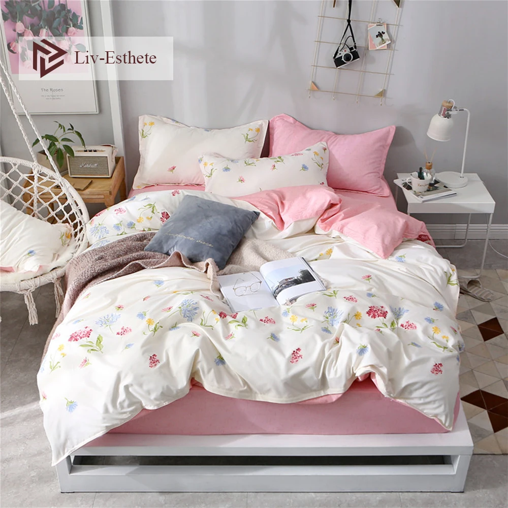 

Liv-Esthete Small Floral Pastoral Bedding Set Decor Soft Duvet Cover Fitted Sheet Pillowcase Bed Linen For Adult Kids Bedspread