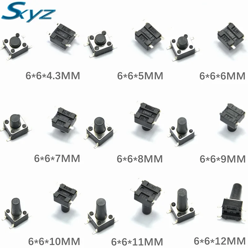 

50Pcs/lot 6*6mm 6X6X4.3mm-13mm SMD Tactile Tact Mini Push Button Switch Micro Switch Momentary SMD-4 6X6X5/6/7/8/9/10/11/12/13mm
