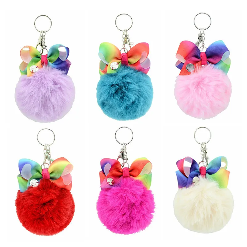 

Cute Pompom Party Keychain For Girls Handmade Rainbow Knot Ball Key Chain Women Car Styling Bag Charms Jewelry