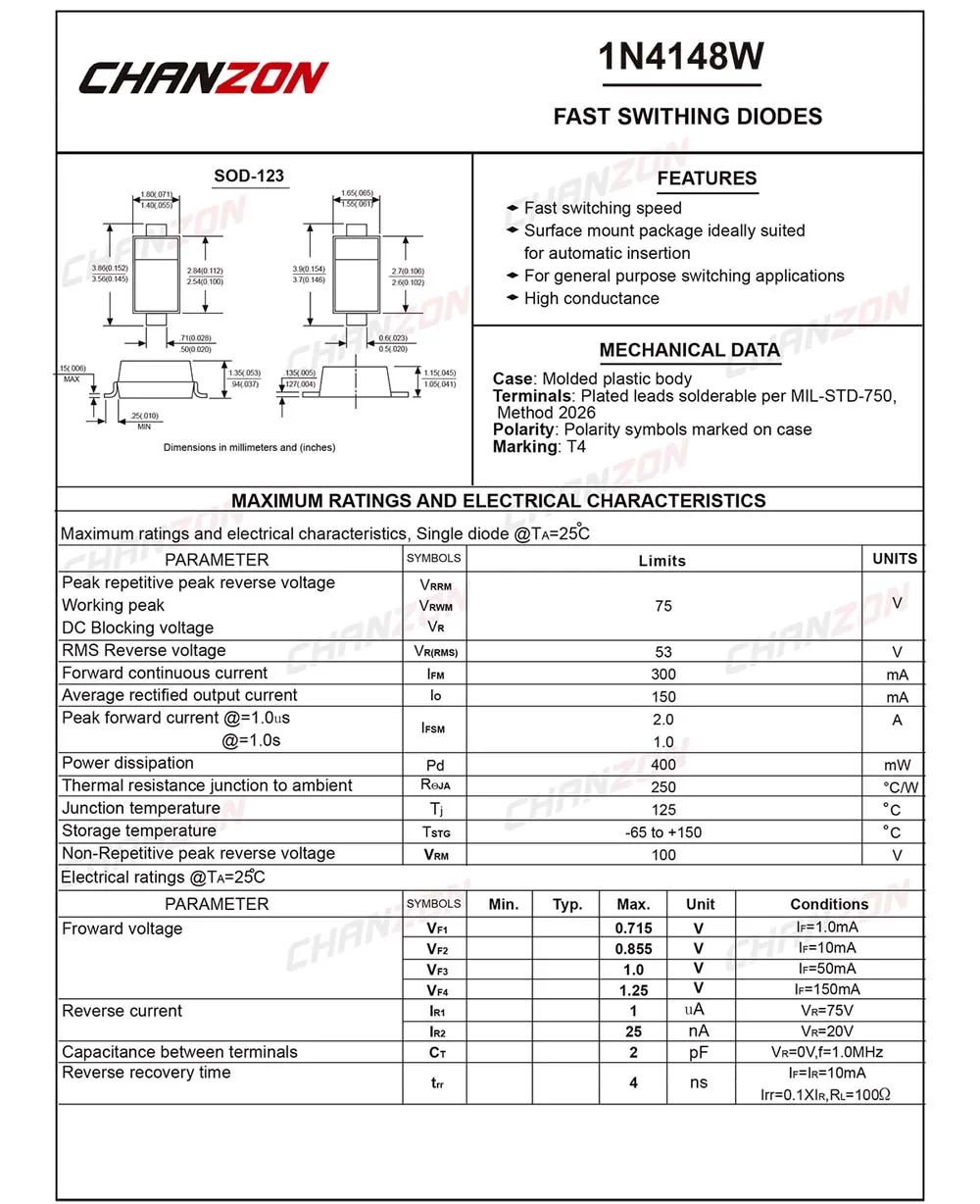 100 шт.) 1N4148W SMD малый сигнал быстрое переключение диоды 150mA 75 V SOD-123 IN4148W 150 mA 75 Вольт 4148W(маркировка T4