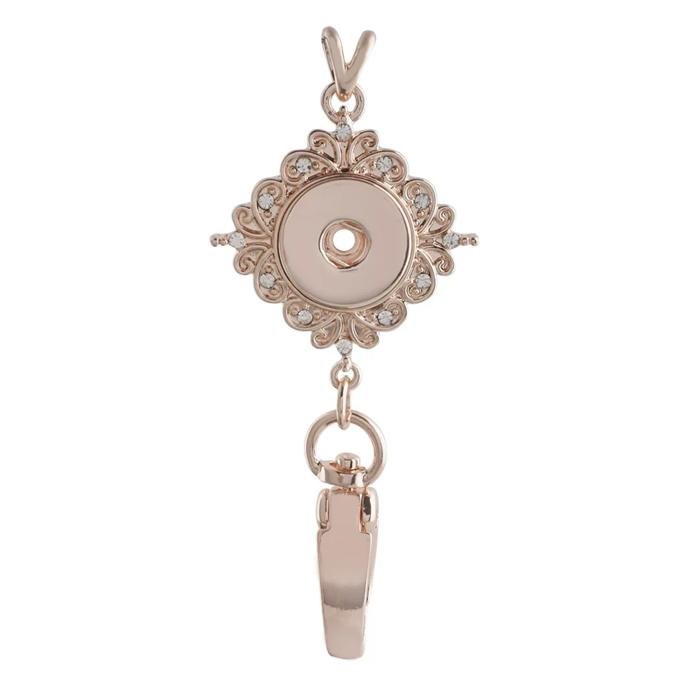

High Quality rose gold hook necklace Badge Reel ID holder with white rhinestone fit 18mm 20mm snap jewelry (without chain)