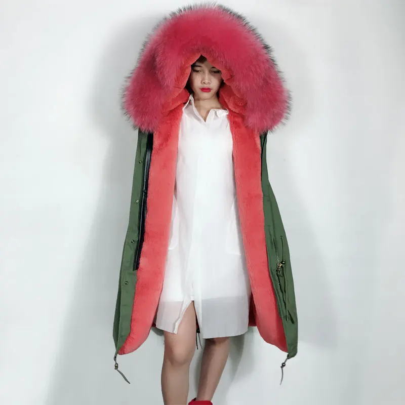 Vrouwen Grote Echte Wasbeer bontkraag Hood Mouwloze Jas Legergroen Vest met Roze bont liner winter Vest Jas Vrouwen Grote Echte Wasbeer bontkraag Hood Mouwloze Jas Legergroen Vest met Roze bont liner winter Vest Jas
