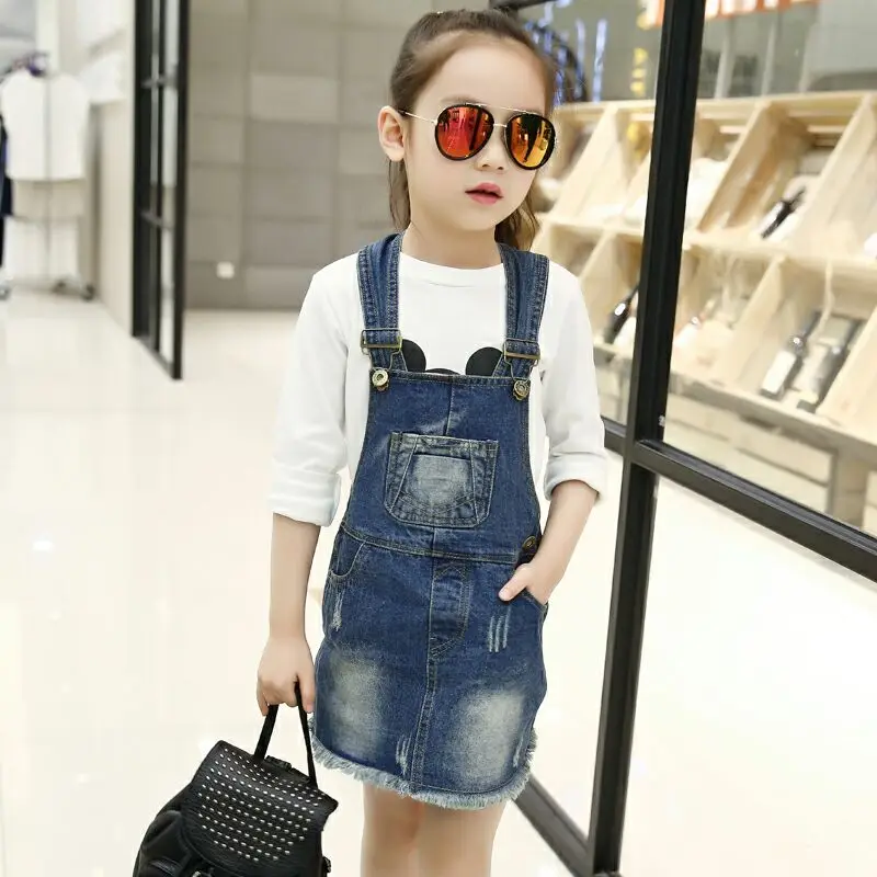 

Denim fabric destory washed dresses girl suspenders dresses belt sundress students dress fit for height 100cm to 160 cm