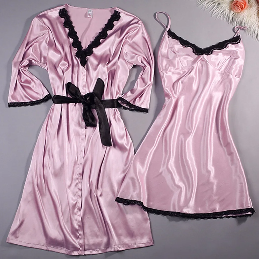 

Plus Size Tie Waist Belt Sexy V-Neck Patchwork Lace Bathroom Outfit Spaghetti Strap Camis Dress Pajama 2 Piece Sleep Silk Night