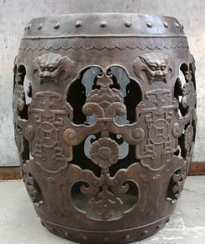 

wholesale factory 18" Folk Chinese Bronze Longevity Dragon Lion Statue Round Drum Pattern Stool 25% off