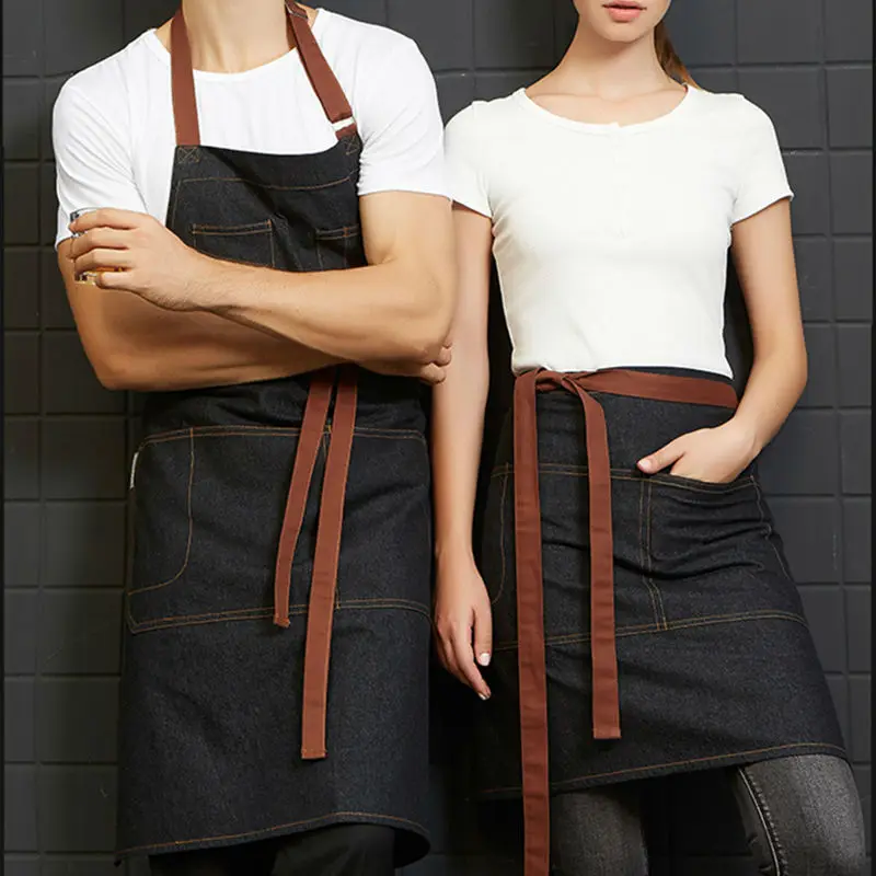 Half/Full Length Black Denim Bib Apron Barista Florist Bartender Chef