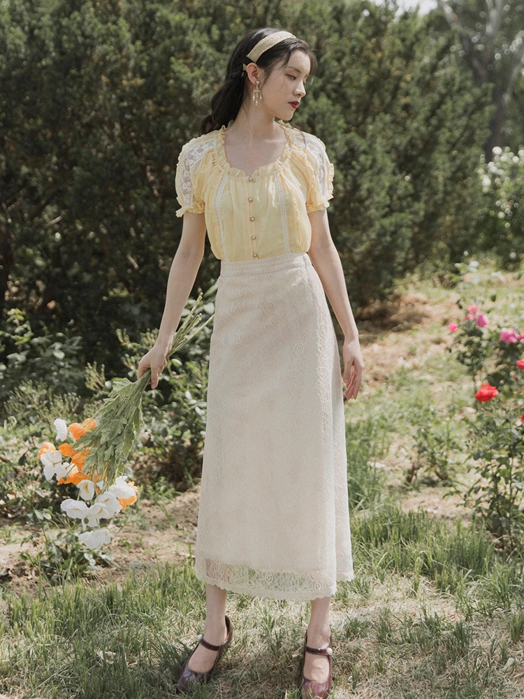 

2019 new fashion women's two piece set Summer Dress Yellow Top+ Lace Skirt Two-piece suit