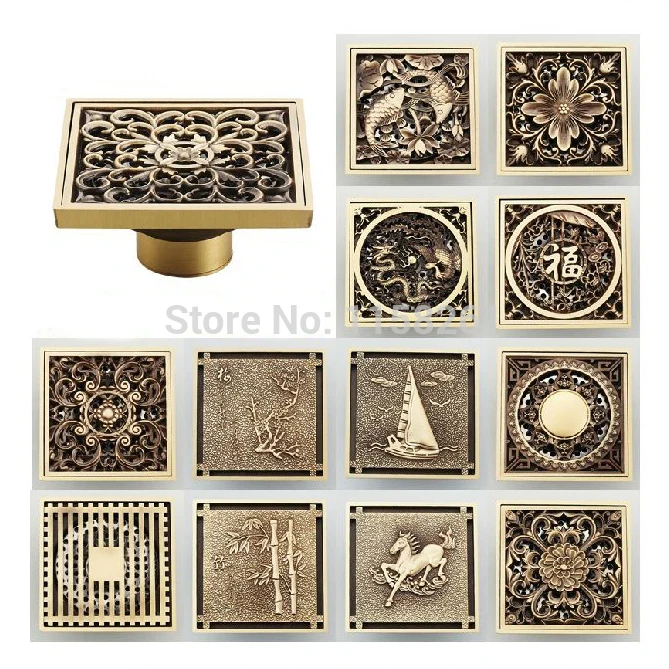 Brass Floor Drains 10*10cm Square Shower Drain Brass Floor Drain Trap Waste Grate With Hair Strainer Bathroom Shower Accessories