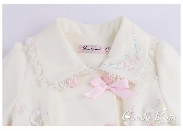Принцессы Милые белые пальто конфеты Дождь Лук украшения Вышивка двубортный с лацканами аппликация японский дизайн C16CD6221