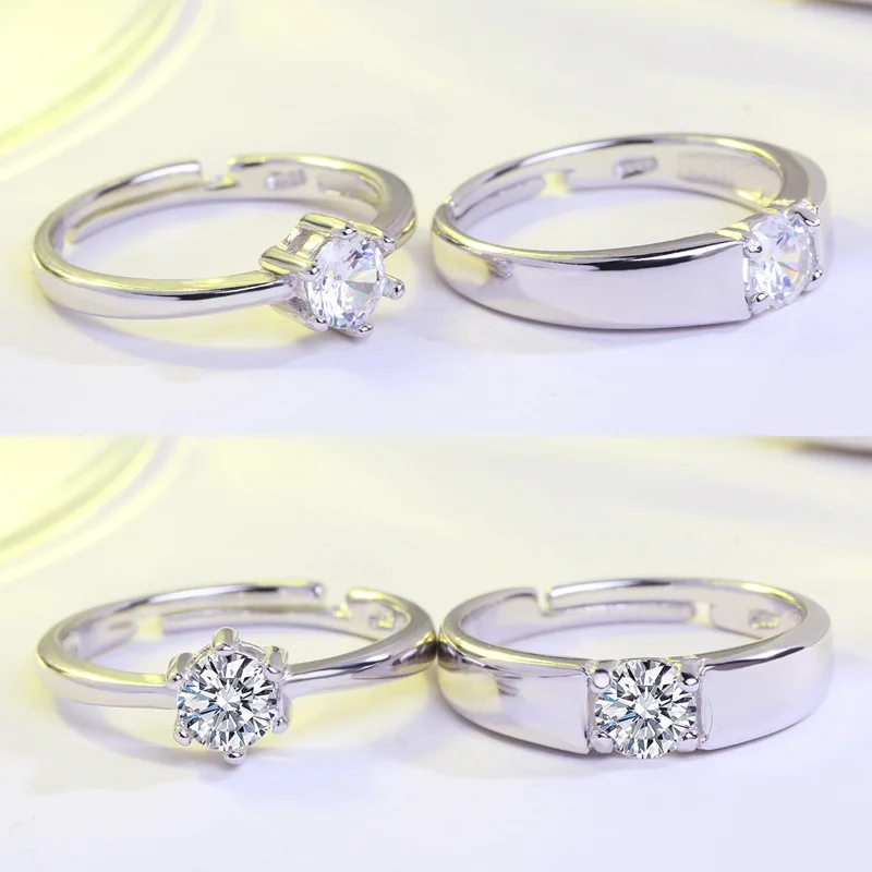 Mossovy Zircon Adjustable Silver Couple Wedding Rings for Women and Male Fashion Rhinestone Engagement Ring for Men for Female