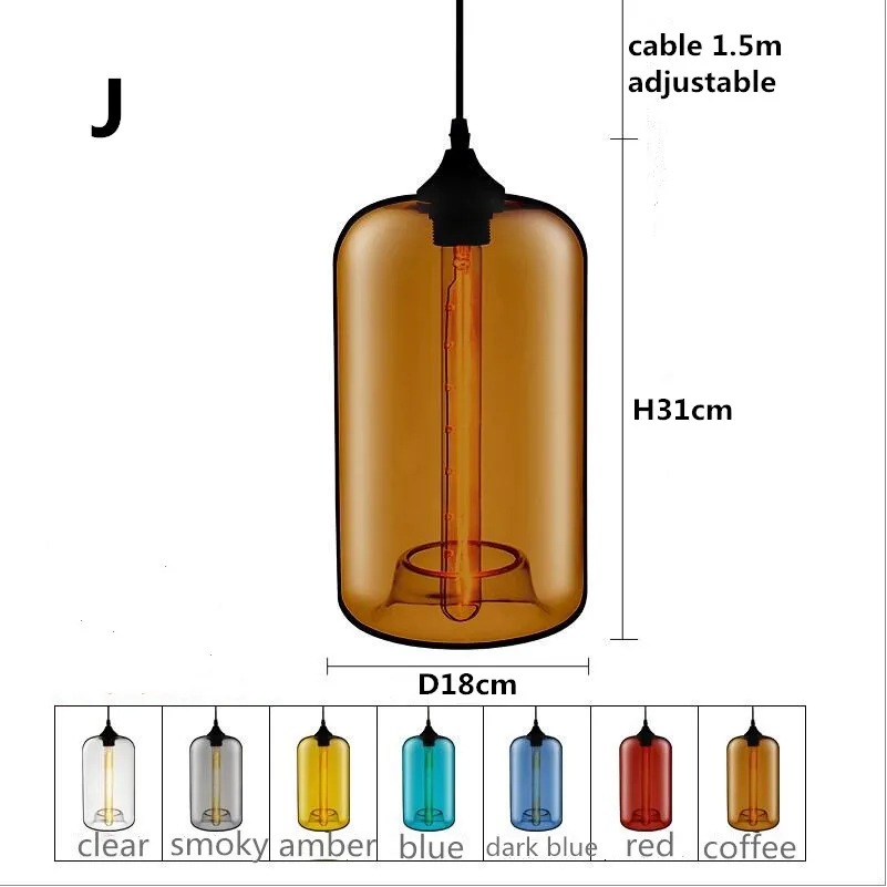 Подвесной светильник с лампочкой Эдисона для спальни и ресторана, простой подвесной светильник в скандинавском стиле, современный винтажный подвесной светильник из цветного стекла, подвесной светильник ing - Цвет корпуса: J