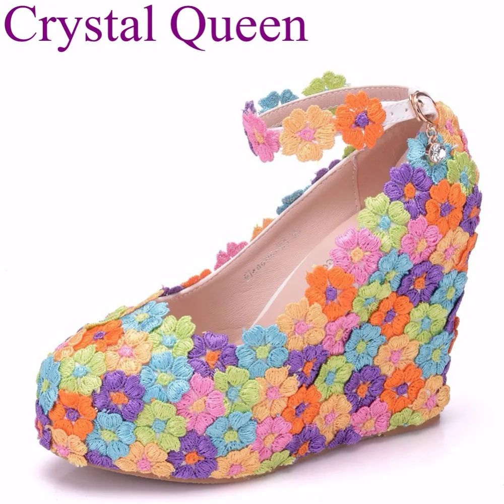 Crystal Queen Rainbow color Lace Wedges Shoes Platform Wedges Heels