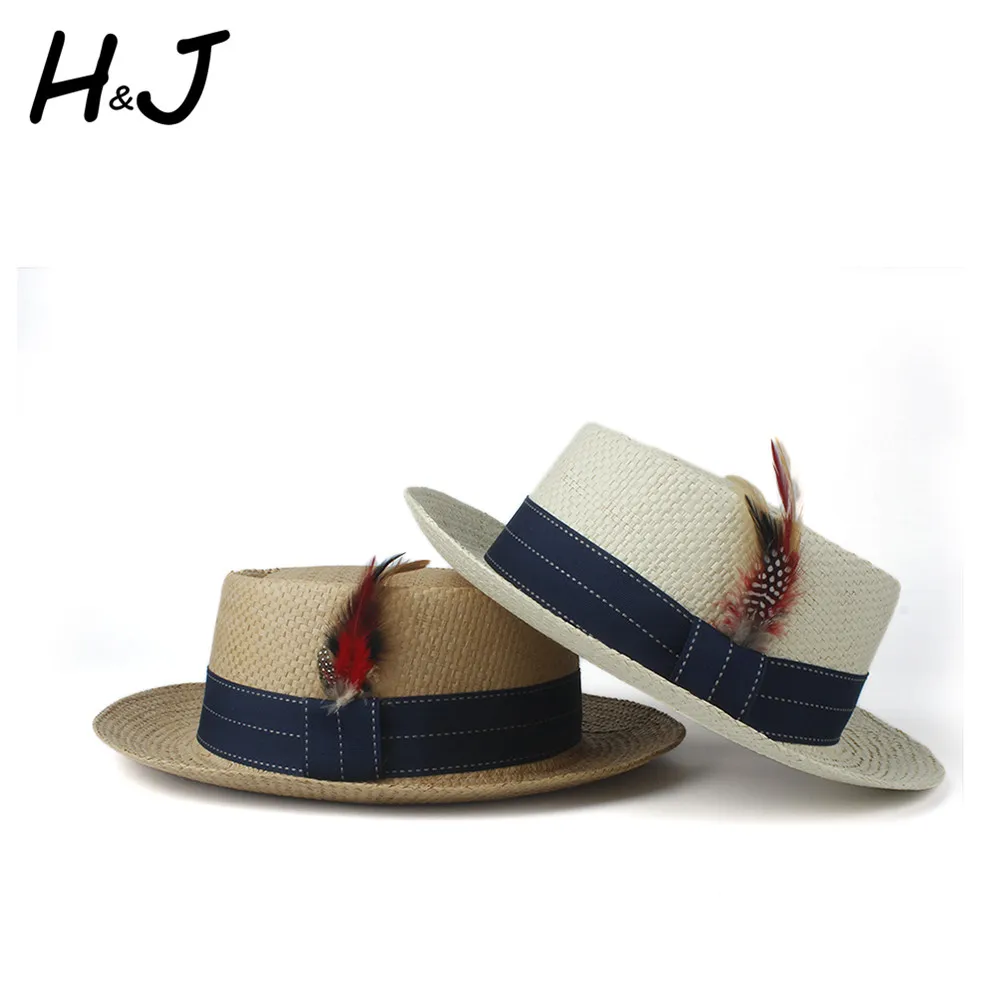 

Big Size Women Men Sun Hat Summer Pork Pie Hat Sunbonnet Hat Lady Flat Feather Beach Panama Sunhat Boater Hat Size 57-60CM