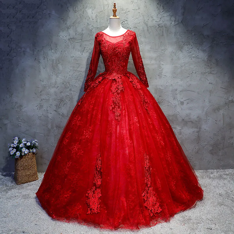 Кружевное бальное платье с длинным рукавом 15 милых 16 пышных бальных платьев для выпускного вечера 15 лет - Цвет: Красный