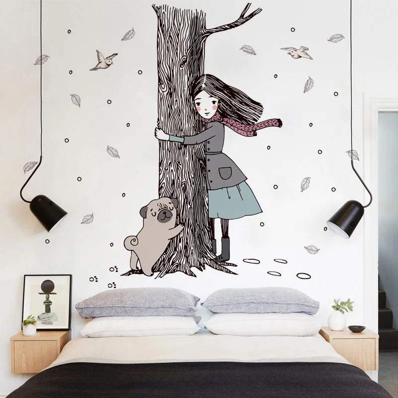 

[Fundecor] Hold the tree girl dog wall stickers for children room girls bedroom wall decor decal art vinyls wallpaper home decor