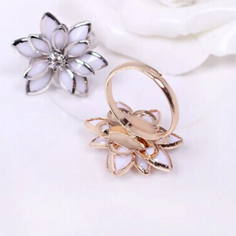 White Stone Leaf Shiny Crystal Camellia Lotus Flower Rings Fashion Silver Plated Golden Ring for Women | Украшения и аксессуары
