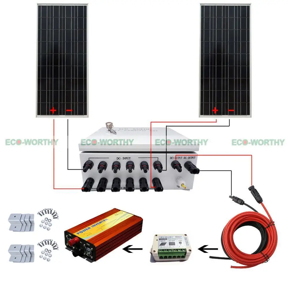 

2x 100W 12V Solar Panel & 6 String Combiner Joint Box for 200W Home Garden Kit Solar Generators