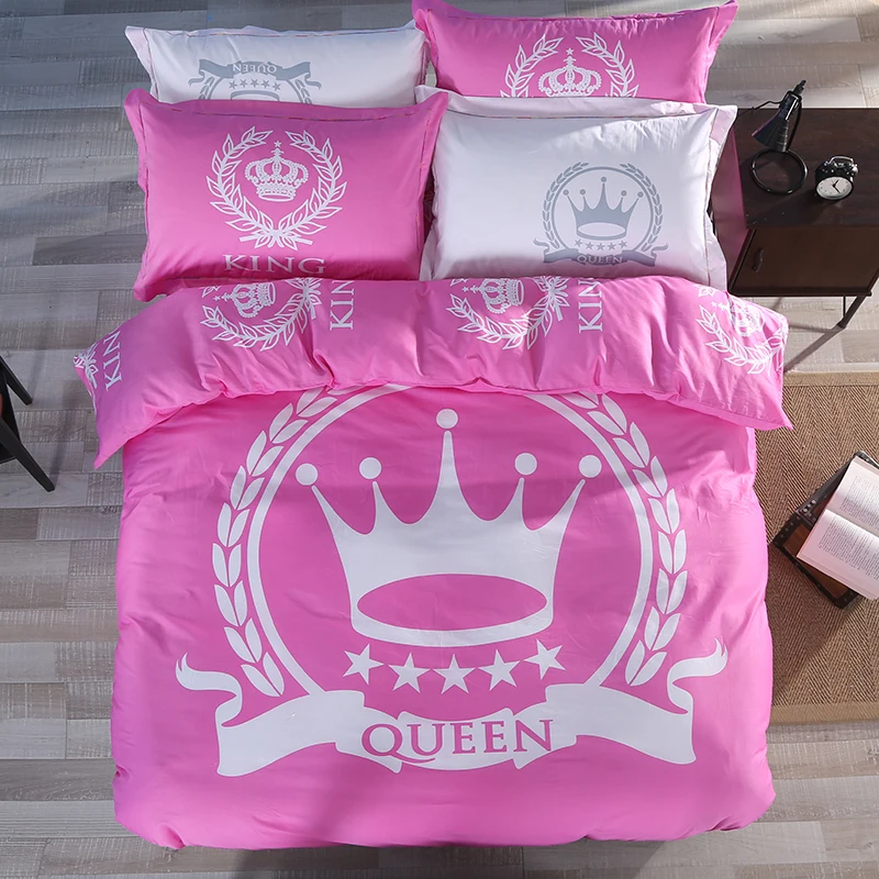 

3/4 pcs "King & Queen" Royal Crown Bedding Set 100% Cotton Pink Duvet Cover White Flat Sheet Pillow Shams Wedding Gift for Her