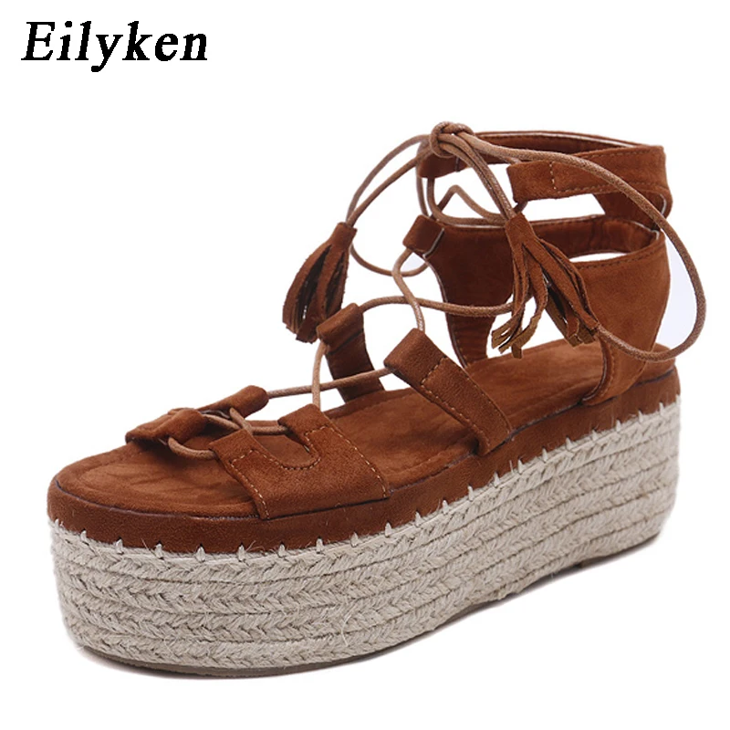 

Eilyken Women Platform Sandals Lace Up Peep Toe High Heels Summer Ladies Party Shoes Brown Blue Female Shoes Size 35-41