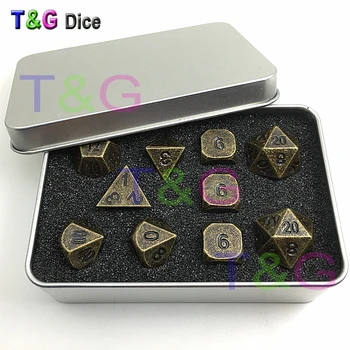 

Set of 10 Old Gold Copper Colored Polyhedral Metal Dice 14mm d6, RPG or dnd