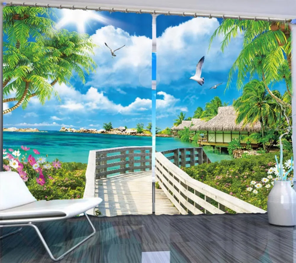 

Manufacturer of custom Beach palm Scenic 3D Curtains For Bedroom Kids Living Room Drapes Fabric Polyester Set with Hooks