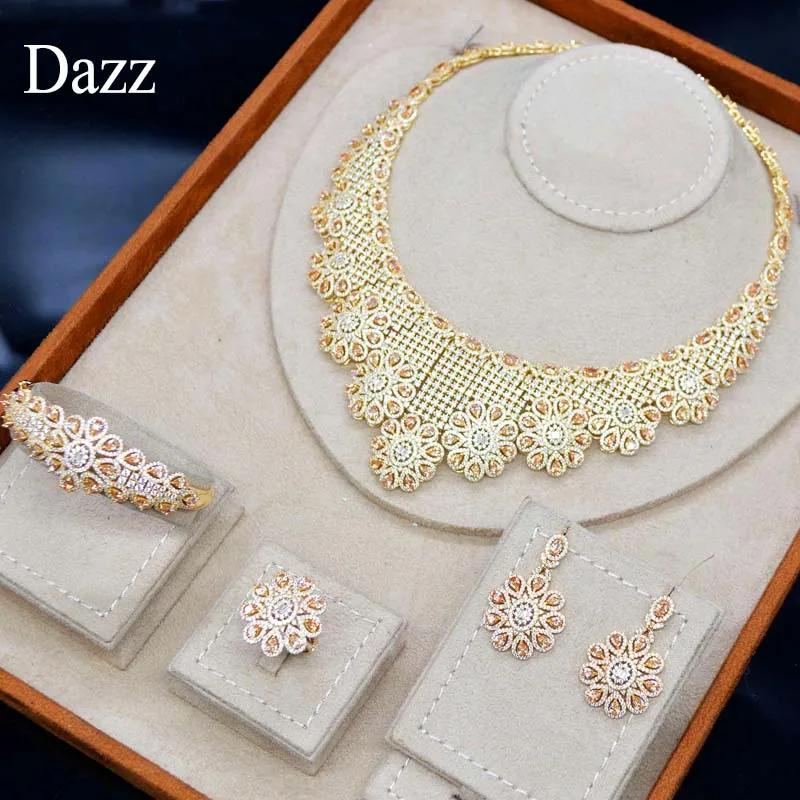 

Dazz 4pc Gold Color Nigerian Wedding Jewelry Set Yellow Crystal Zircon For Women Bride Party Dubai Flower Accessories Gifts 2019