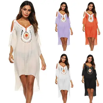 

Popular New Strapless Women Sexy Swimsuit Cover Up Popular Beach Dress Beach Cover Lady Hollow out Pareo Sarongs Bikini Tunic