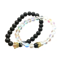 2 шт натуральный камень бусины браслет Богемия эластичная веревка Корона Роскошные модные женские мужские унисекс черные белые ювелирные аксессуары 9336