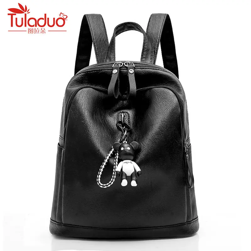 

Backpack Women Pu Leather School Bags For Teenage Girls Designer Travel Female Backpack Soft Laptop Backpack With Bear Pendant