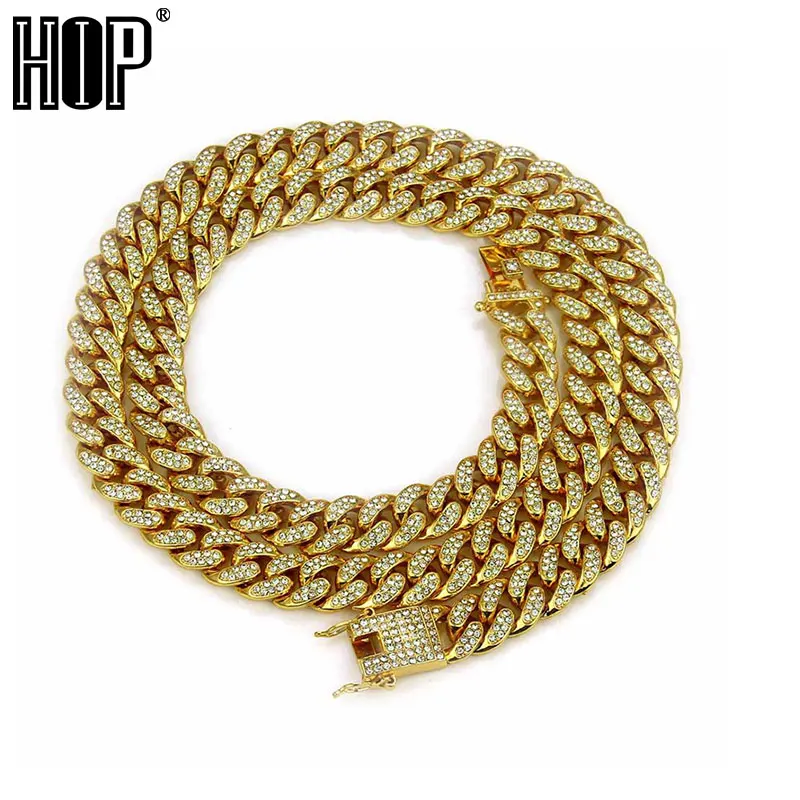 Online Hip Hop lleno de diamantes de imitación helado Miami Curb Cuban Chain Necklace 50 75cm longitud oro pavimentado CZ Bling collares para hombres joyería