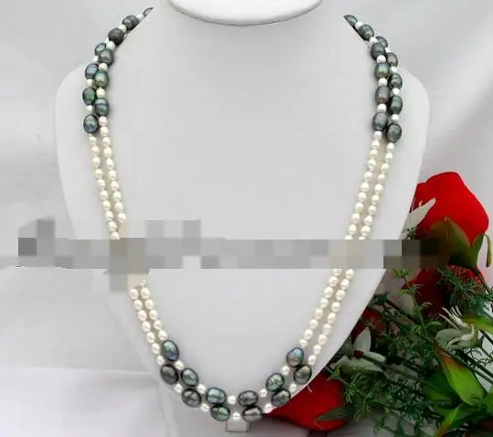 

FREE SHIPPING>>>@@ > 3738 white black rice fw pearl necklace