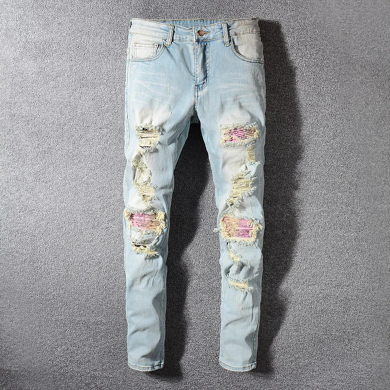 Fashion Streetwear Men Jeans Retro Blue Wash Slim Fit Elastic Ripped Jeans Men Patchwork Denim Broken Pants Hip Hop Jeans Hombre Fashion Streetwear Men Jeans Retro Blue Wash Slim Fit Elastic Ripped Jeans Men Patchwork Denim Broken Pants Hip Hop Jeans Hombre