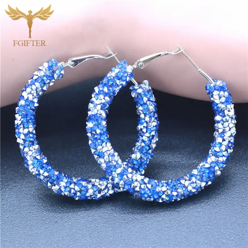 Blue Crystal Round Earrings for Women 48mm Big Hoop Earrings Gold Silver Color Cuff Hoops Woman Earrings Circles Jewelry - Окраска металла: Blue Silver