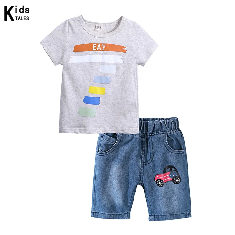 

Boys Summer Clothing Set 2019 Children Clothes Kids Short Sleeves Stripe Shirt+Denim Shorts 2pcs Suit Children Clothing