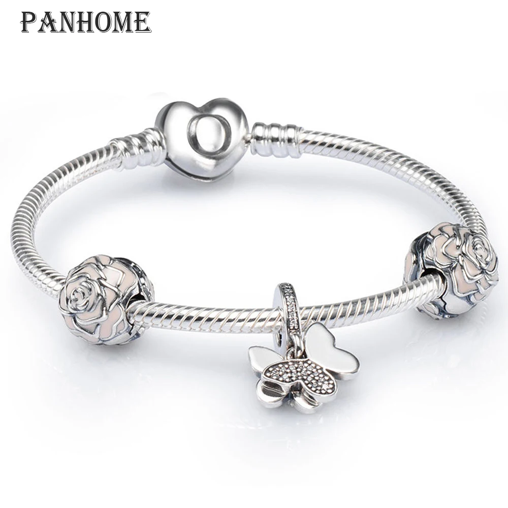 

PANHOME 100% 925 Brand-new 1:1 Charm Elegant Charming Butterfly and Rose Bracelet Set Factory Direct Fit DIY Gift