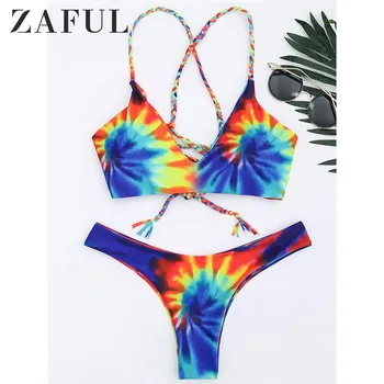 

ZAFUL Bikini Tie Dye Braided Criss Cross Bikini Set Wire Free Spaghetti Straps Swimsuit Low Waisted Women Sexy Swimwear 2019