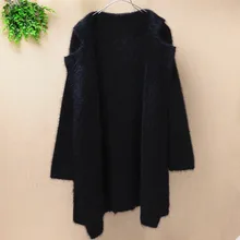 Модный теплый пушистый норковый кашемировый длинный кардиган с воротником, женский свободный свитер с длинными рукавами из Ангорского меха, зимнее пальто