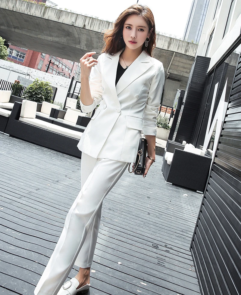 Classic Double Breasted White Women Pant Suits Notched Collar Blazer ...